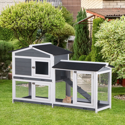 2-Tier Wooden Rabbit Hutch Guinea Pig House Pet Cage Outdoor w/ Tray Ramp