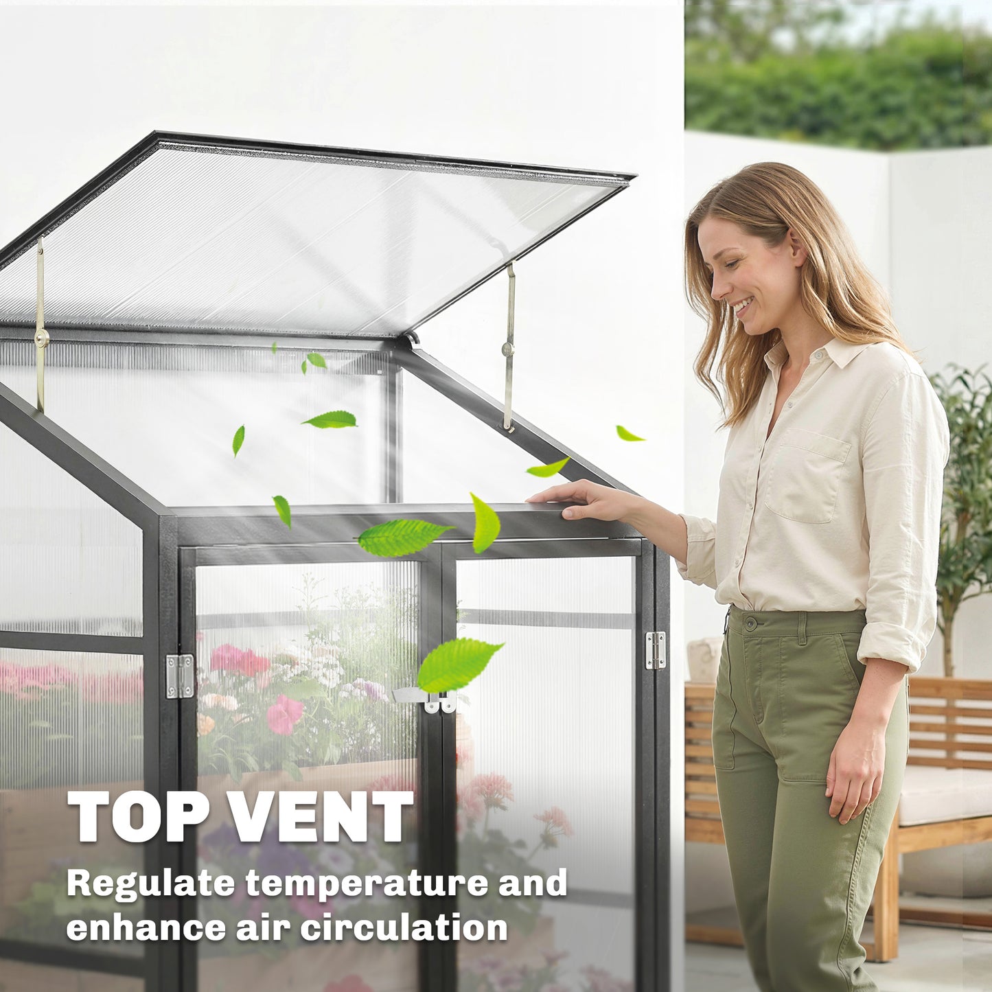 4 x 2ft Polycarbonate Greenhouse with Hinged Door, Top Vent, Lean-to Green House, Aluminium Walk-in Greenhouse for Patio Garden, Black