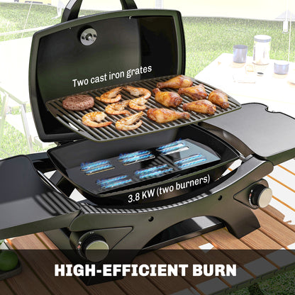 2 Burner Gas Grill, Tabletop BBQ with Cast Iron Grates, Black