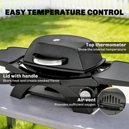 2 Burner Gas Grill, Tabletop BBQ with Cast Iron Grates, Black