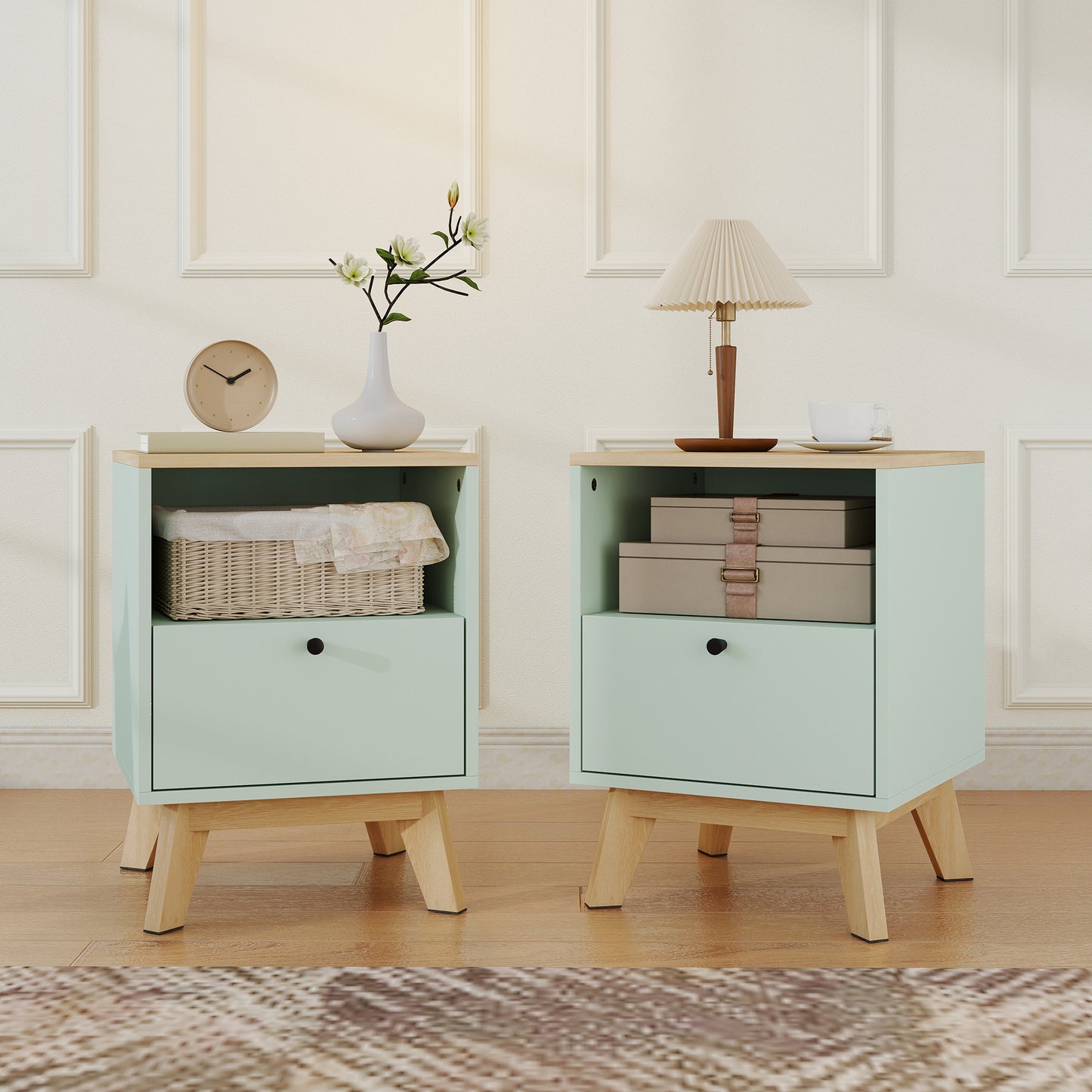 Modern Nightstand Set of 2, Bedside Table with Drawer and Open Shelf