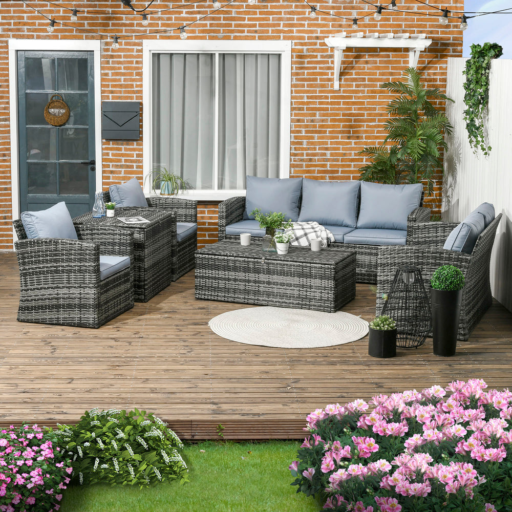 6 Pieces Rattan Garden Furniture Set, 7 Seater Wicker Outdoor Furniture Set with Storage Tea Table & Side Table, Sectional Garden Sofa Set with Cushions, Grey