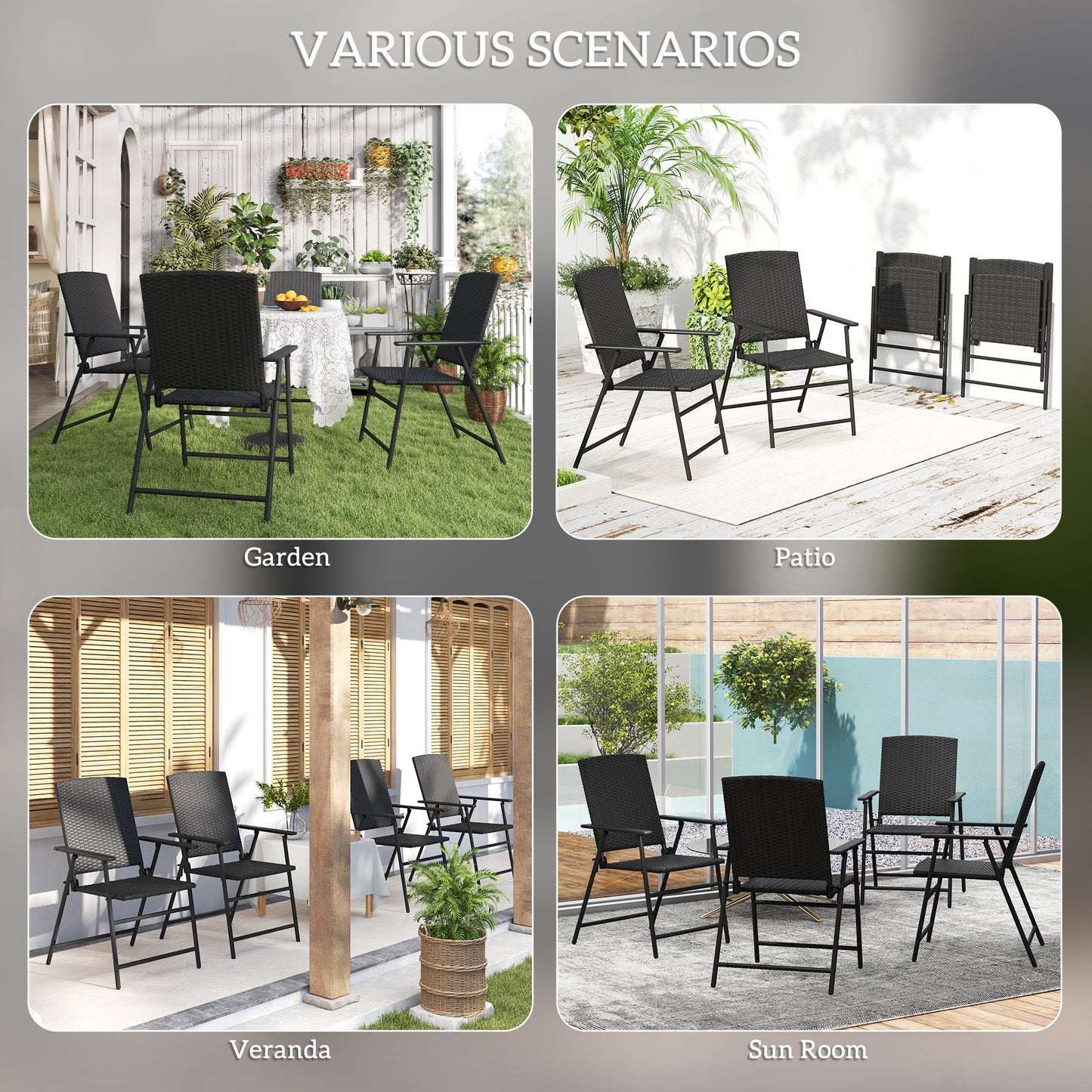 4pcs Rattan Chair Foldable Garden Furniture w/ Armrest Black