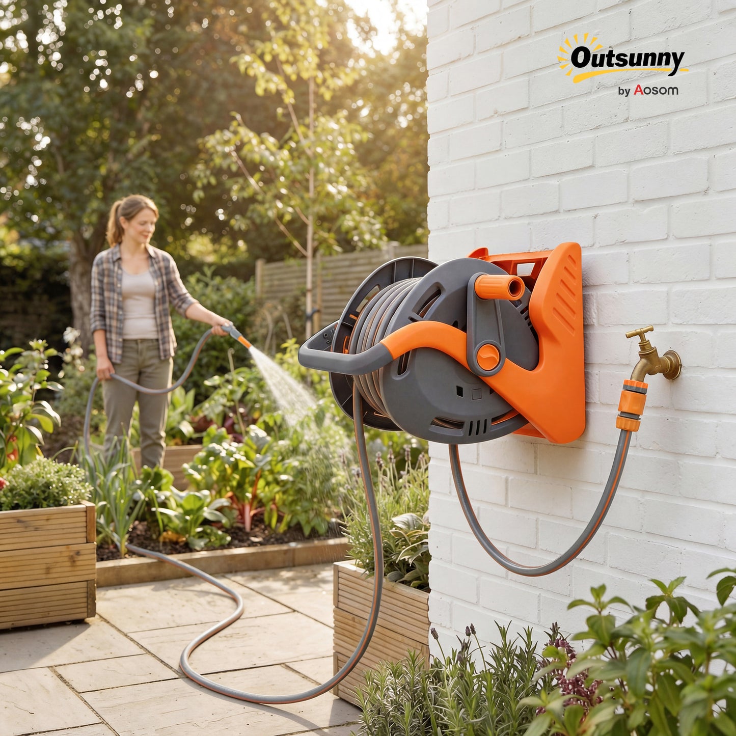 Portable Garden Hose Reel, 20+2 m Wall-Mounted Hose Reel with 2 Patterns Spray Nozzle, Compact with Crank Handle for Garage Car Cleaning Watering, Orange