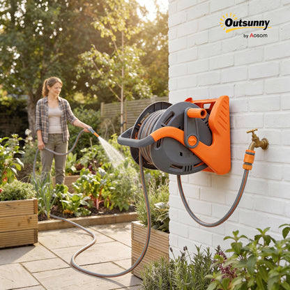 Portable Garden Hose Reel, 20+2 m Wall-Mounted Hose Reel with 2 Patterns Spray Nozzle, Compact with Crank Handle for Garage Car Cleaning Watering, Orange
