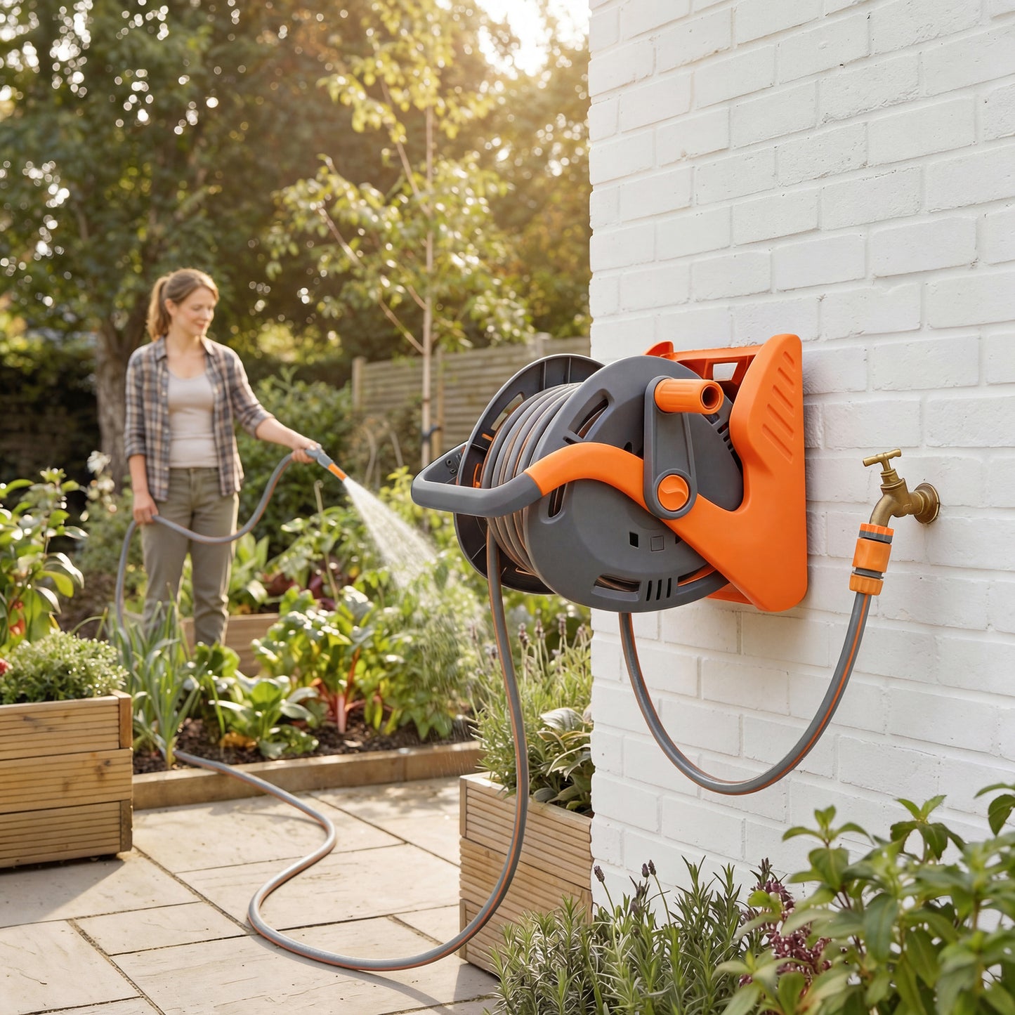Portable Garden Hose Reel, 20+2 m Wall-Mounted Hose Reel with 2 Patterns Spray Nozzle, Compact with Crank Handle for Garage Car Cleaning Watering, Orange
