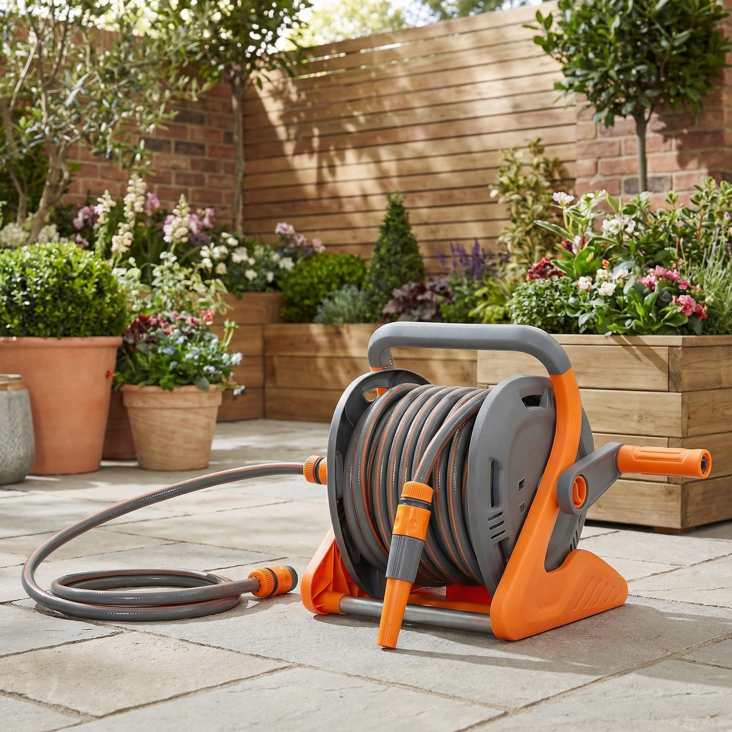 Portable Garden Hose Reel, 20+2 m Wall-Mounted Hose Reel with 2 Patterns Spray Nozzle, Compact with Crank Handle for Garage Car Cleaning Watering, Orange