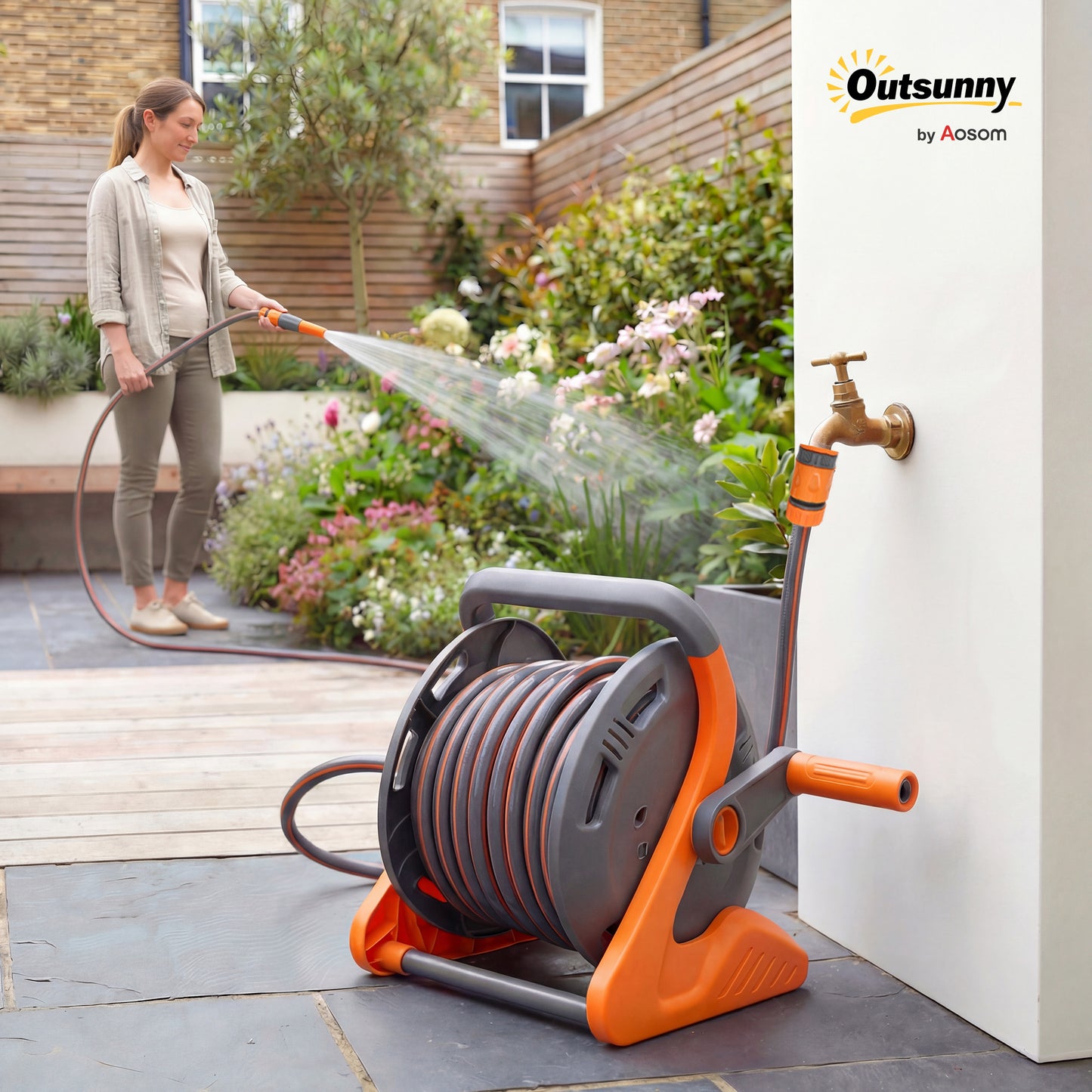 Portable Garden Hose Reel, 20+2 m Wall-Mounted Hose Reel with 2 Patterns Spray Nozzle, Compact with Crank Handle for Garage Car Cleaning Watering, Orange