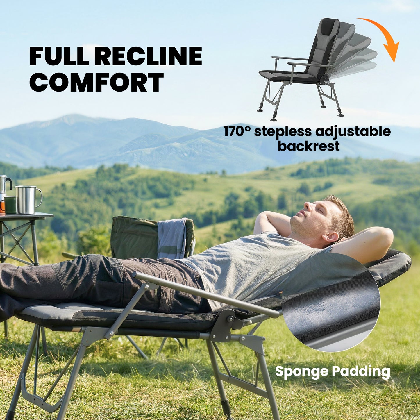 Camping Chair Reclining Padded for Adults Black