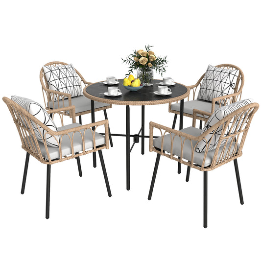5 Piece Patio Rattan Dining Set w/ Removable Cushions, Light Brown