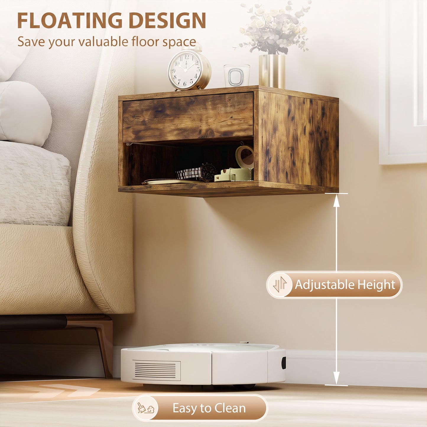 Floating Nightstands Set of 2, Bedside Table w/ Drawer and Open Shelf