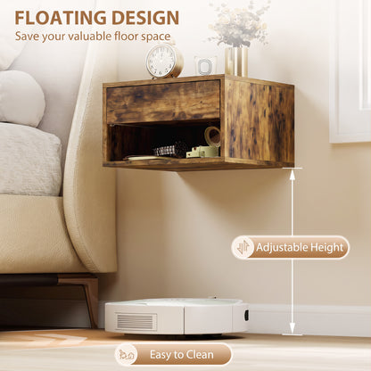Floating Nightstands Set of 2, Bedside Table w/ Drawer and Open Shelf