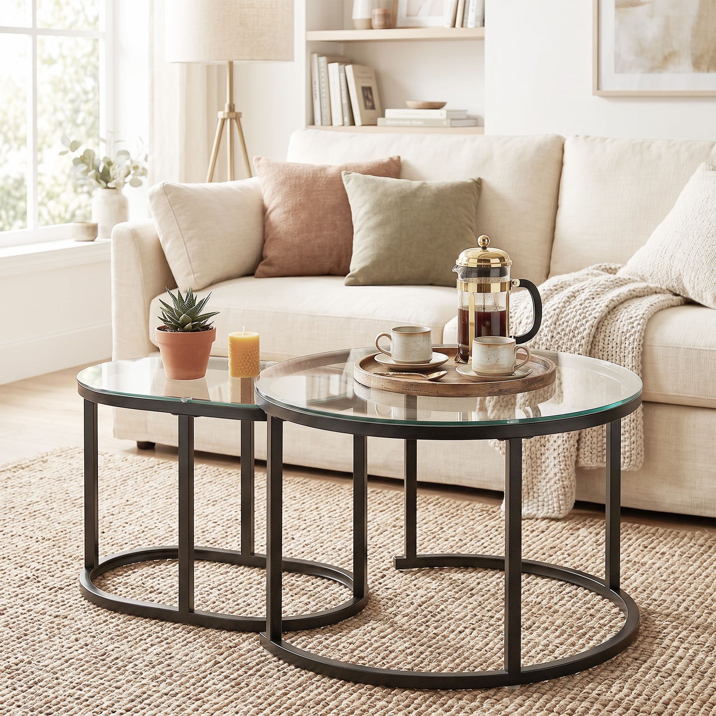 Modern Coffee Table Set of 2, Nest of Tables with Steel Frame and Tempered Glass Tabletop, Side Tables for Living Room Bedroom, Black and Clear