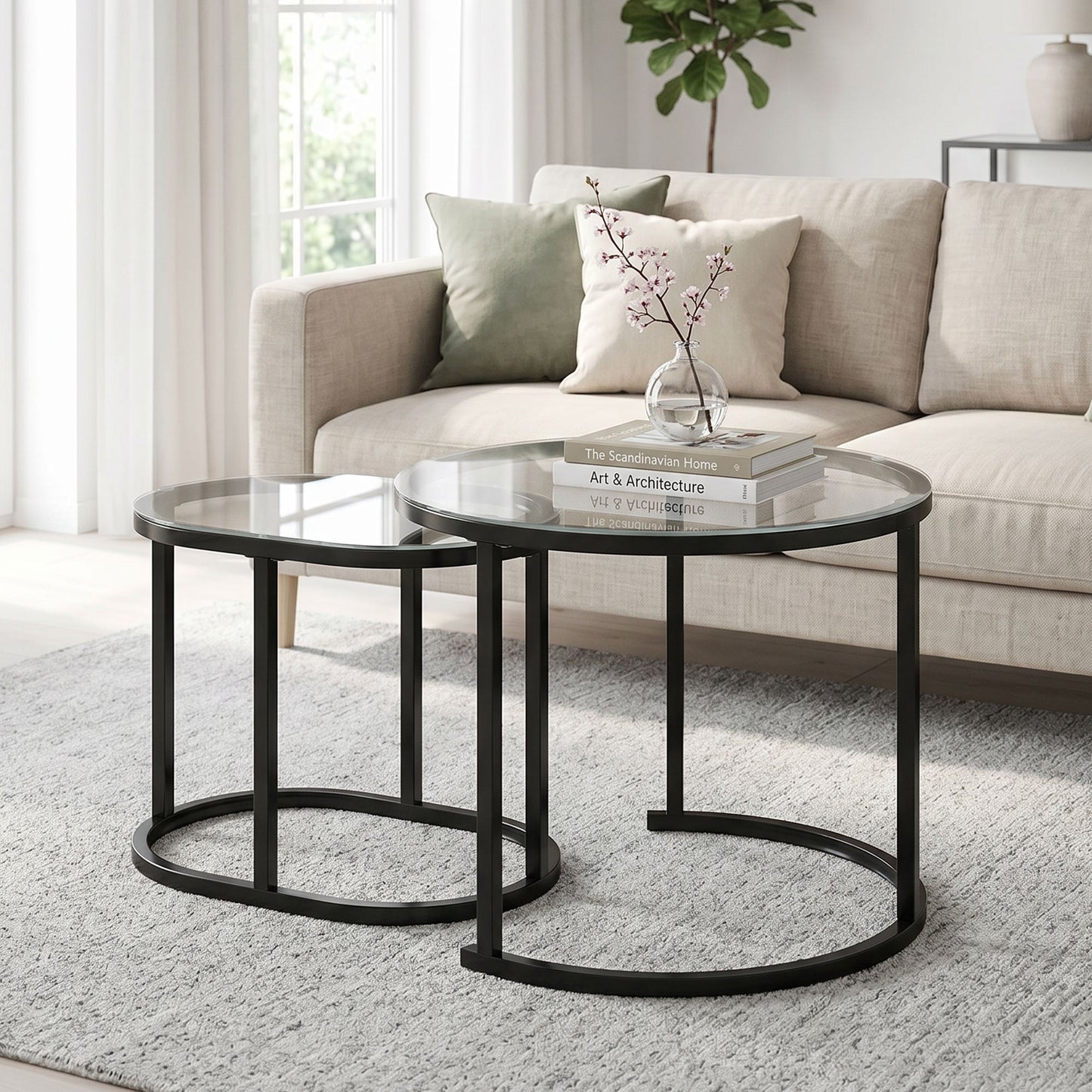 Modern Coffee Table Set of 2, Nest of Tables with Steel Frame and Tempered Glass Tabletop, Side Tables for Living Room Bedroom, Black and Clear