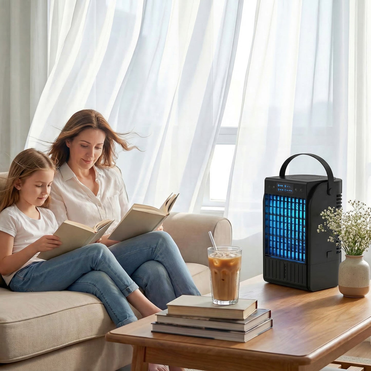 4-in-1 Mini Air Cooler with RGB 7 LED Light, Cooling Fan, Black