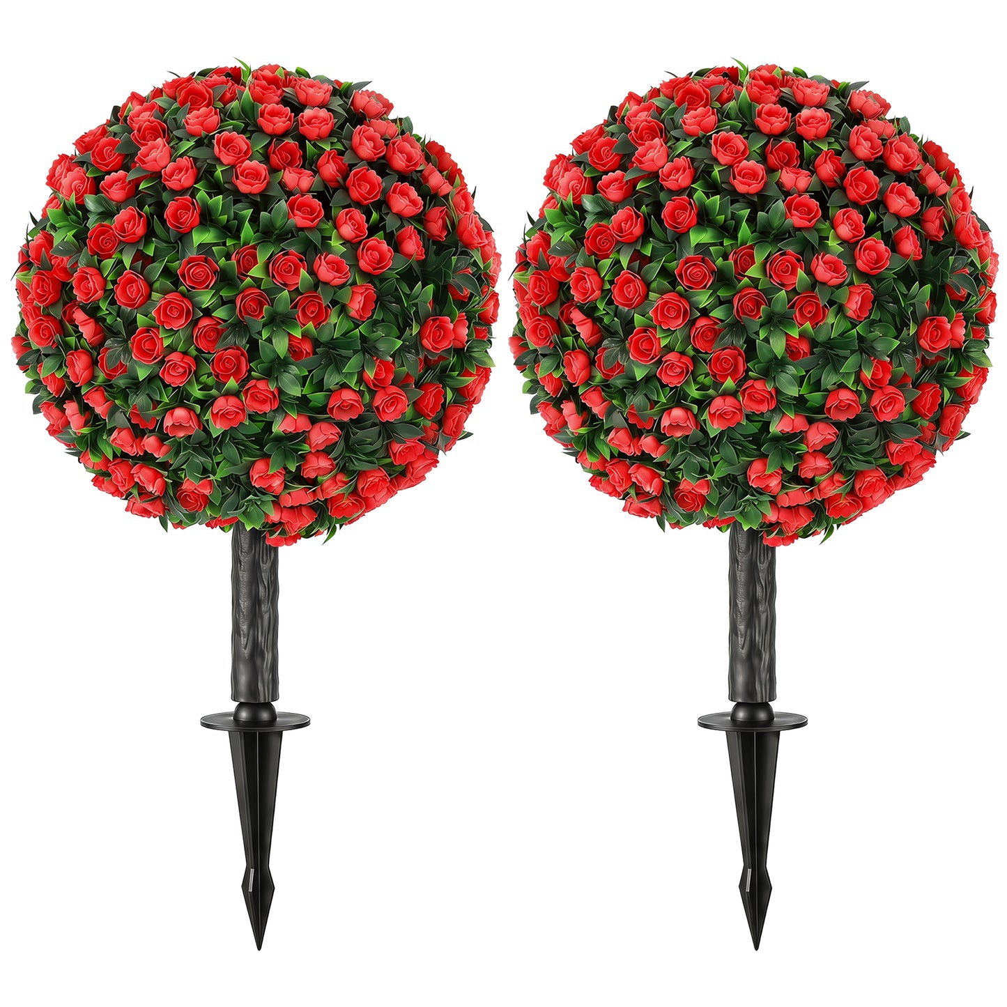 Set of 2 55 cm Artificial Rose Topiary with Ground Stake, UV-Resistant Fake Plants with 306 Roses and Leaves for Indoor Outdoor Home Office Garden Decor, Red
