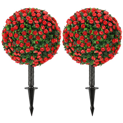 Set of 2 55 cm Artificial Rose Topiary with Ground Stake, UV-Resistant Fake Plants with 306 Roses and Leaves for Indoor Outdoor Home Office Garden Decor, Red