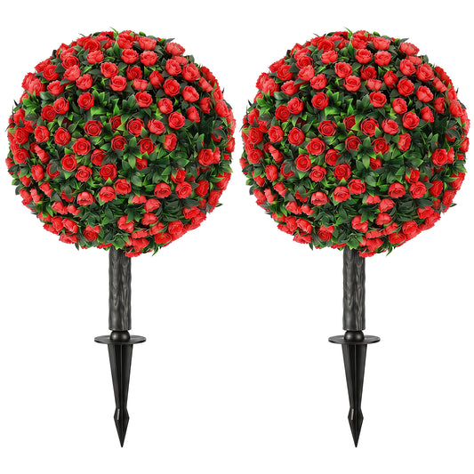 Set of 2 55 cm Artificial Rose Topiary with Ground Stake, UV-Resistant Fake Plants with 306 Roses and Leaves for Indoor Outdoor Home Office Garden Decor, Red