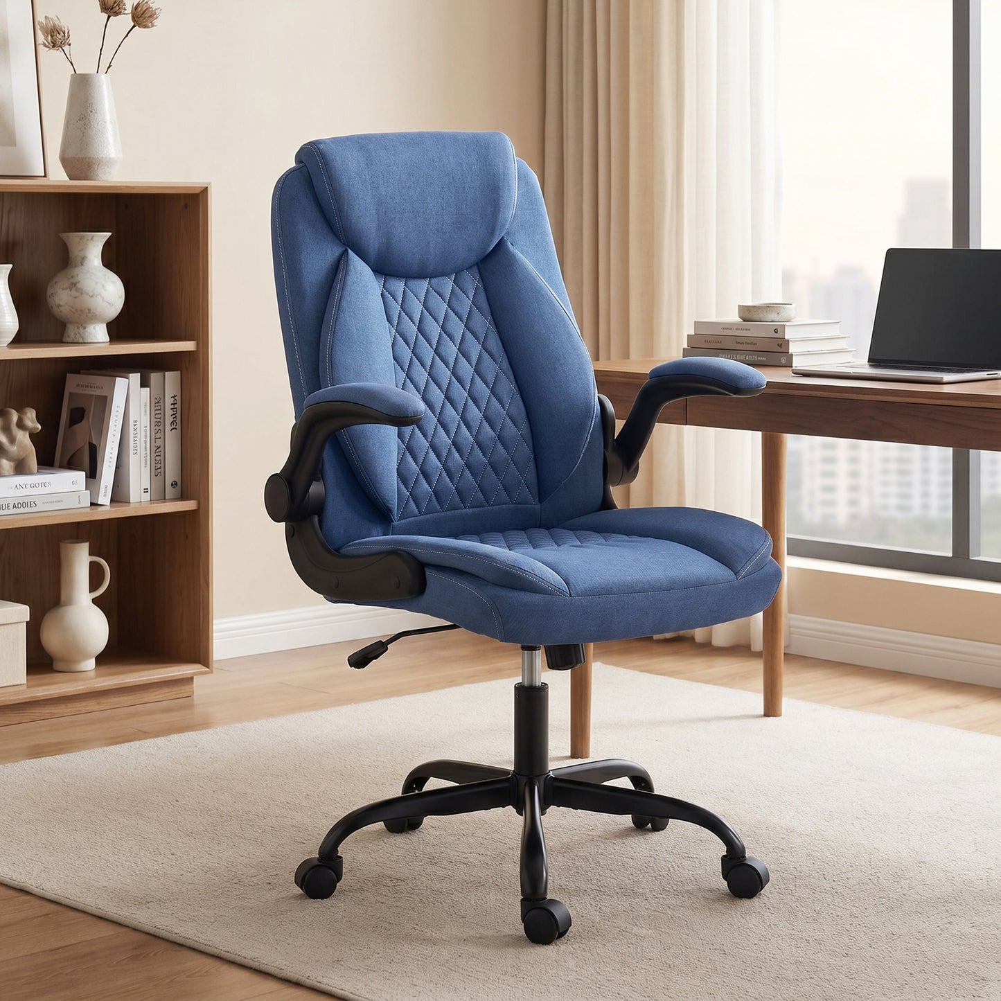 Linen-Look Computer Desk Chair with Thick Cushion, Blue
