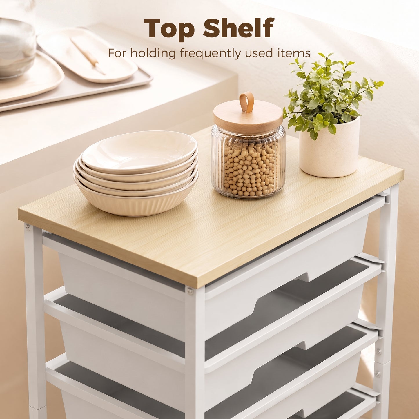 6-Tier Storage Trolley on Wheels with 5 Pull-Out Drawers, White