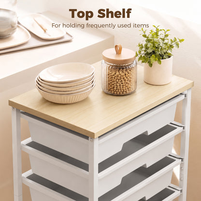 6-Tier Storage Trolley on Wheels with 5 Pull-Out Drawers, White