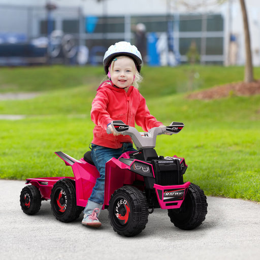 6V Quad Bike with Back Trailer, Wear-Resistant Wheels for Ages 18-36 Months, Pink