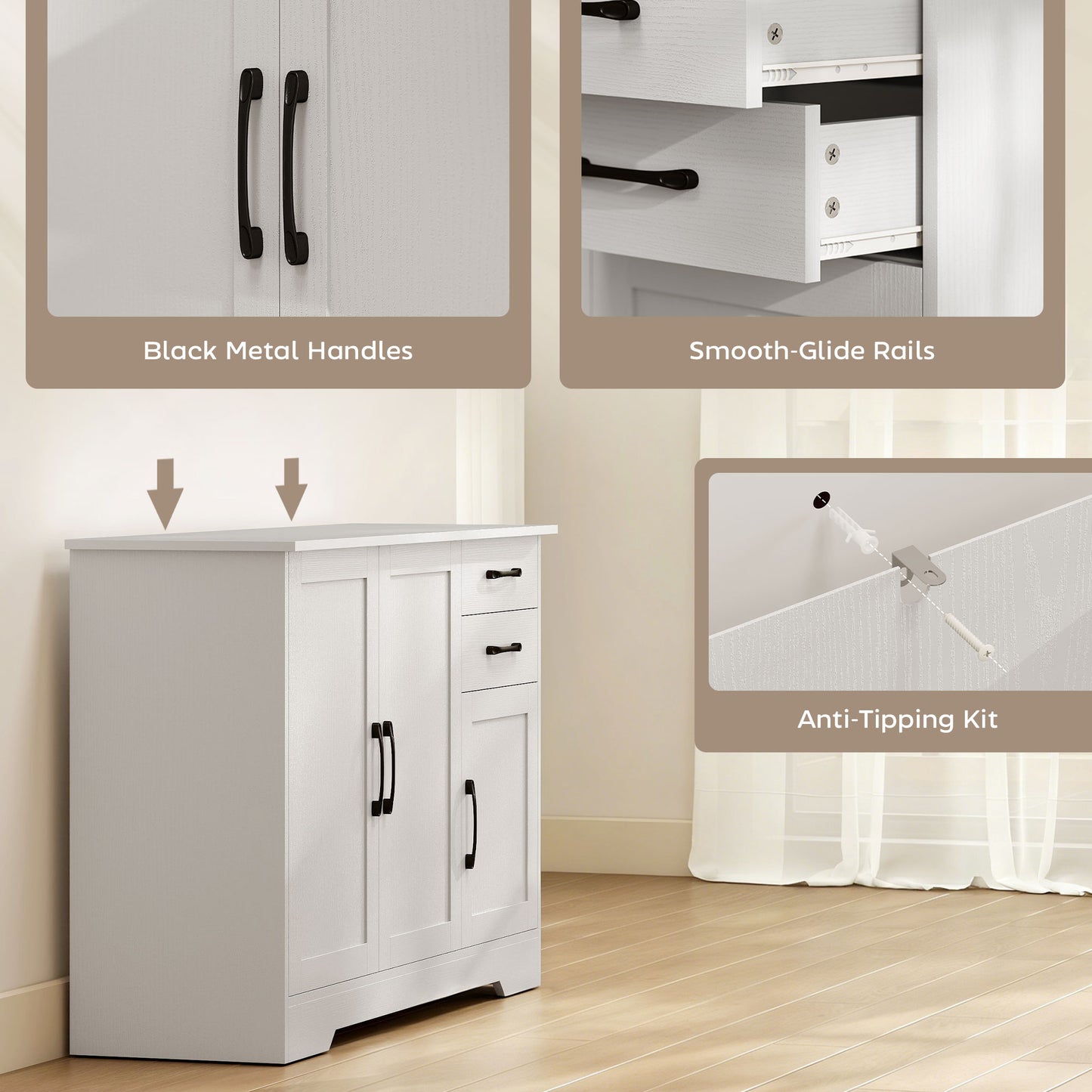 Sideboard with Soft-Close Doors, Modern Storage Cabinet White