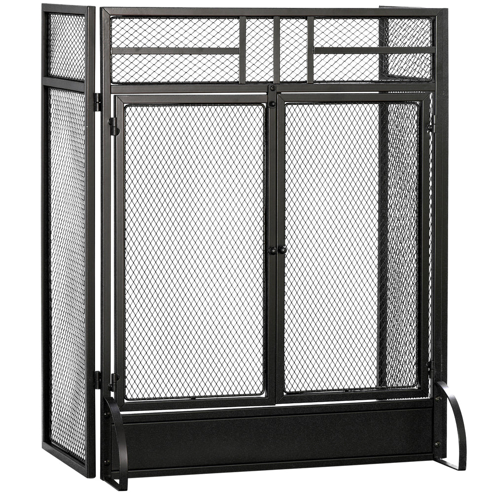 3-Panel Folding Fireplace Screen with Door, Freestanding Spark Guard, Metal Mesh Fireguard, Black