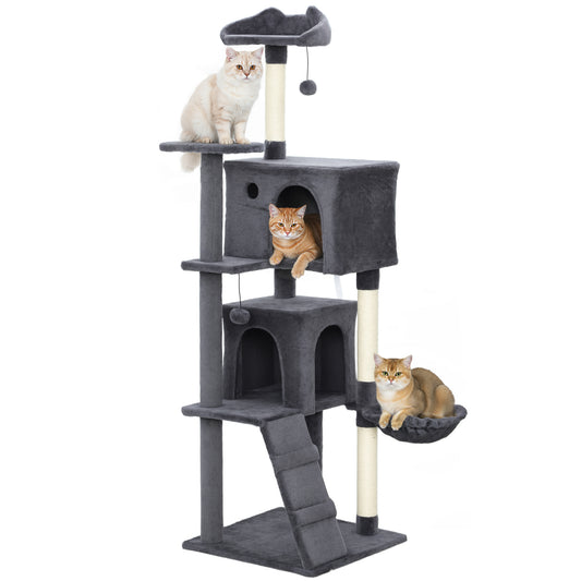 160cm Cat Tree Tower with Sisal Scratching Posts, Condos, Dark Grey