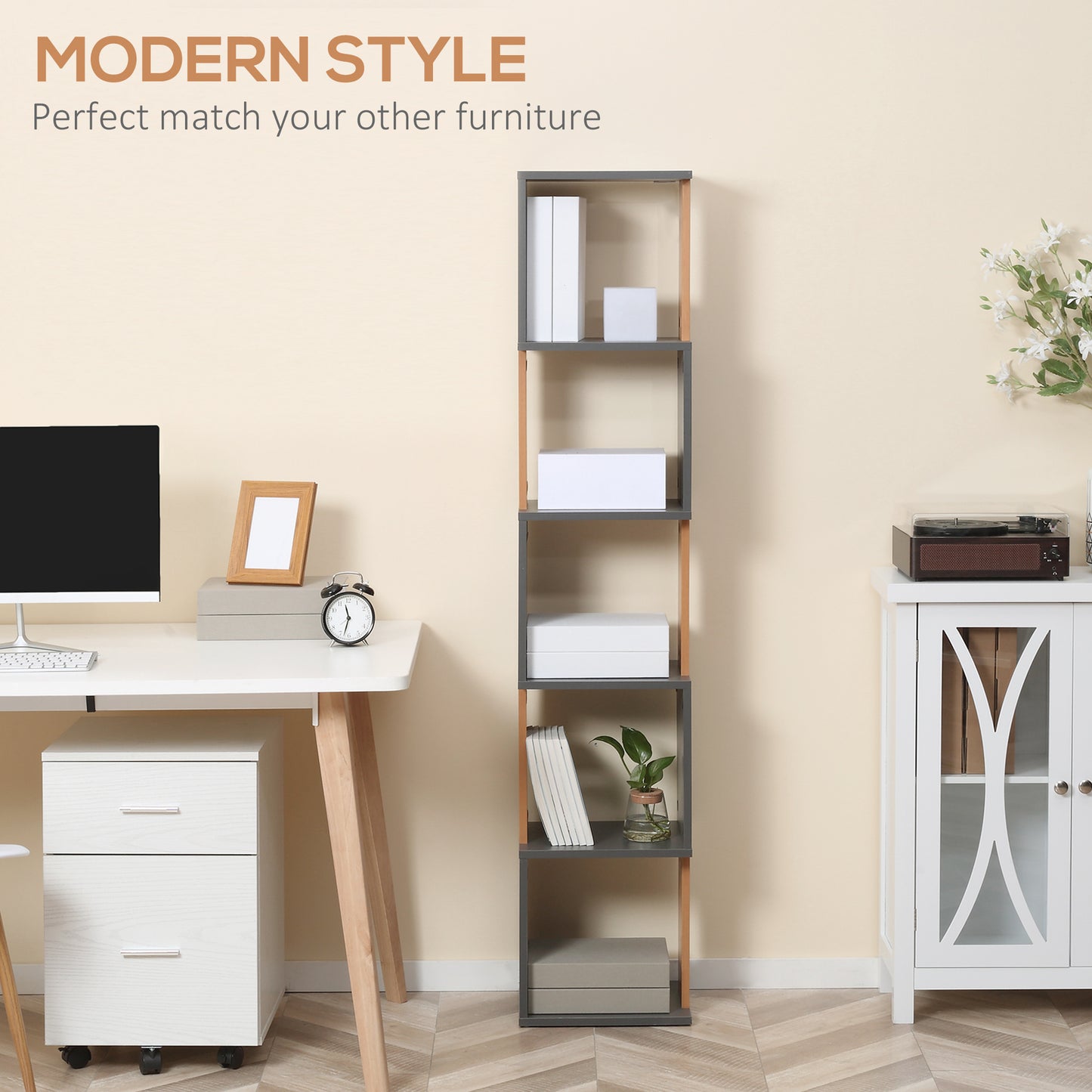 5-Tier Bookshelf Freestanding Bookcase Storage Shelves, Dark Grey