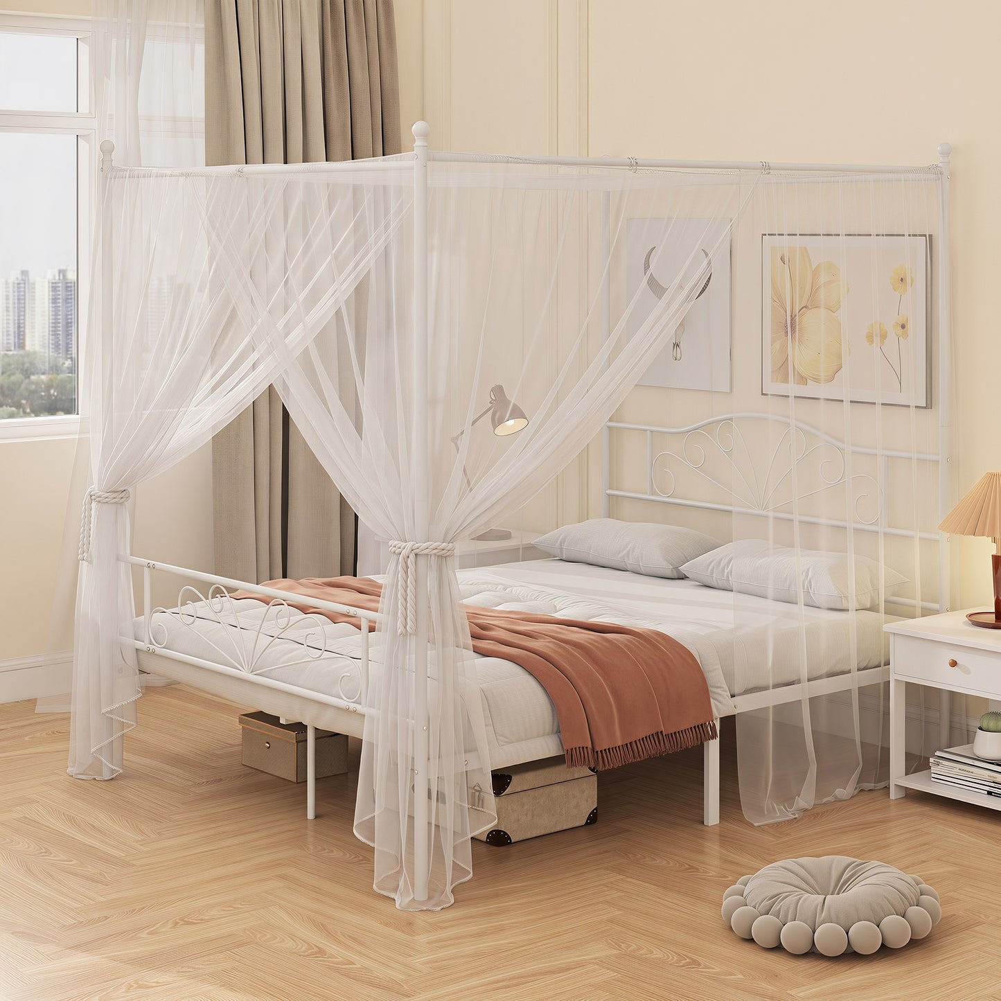 Canopy Bed Frame Double Size, Metal Platform Bed Frame, White