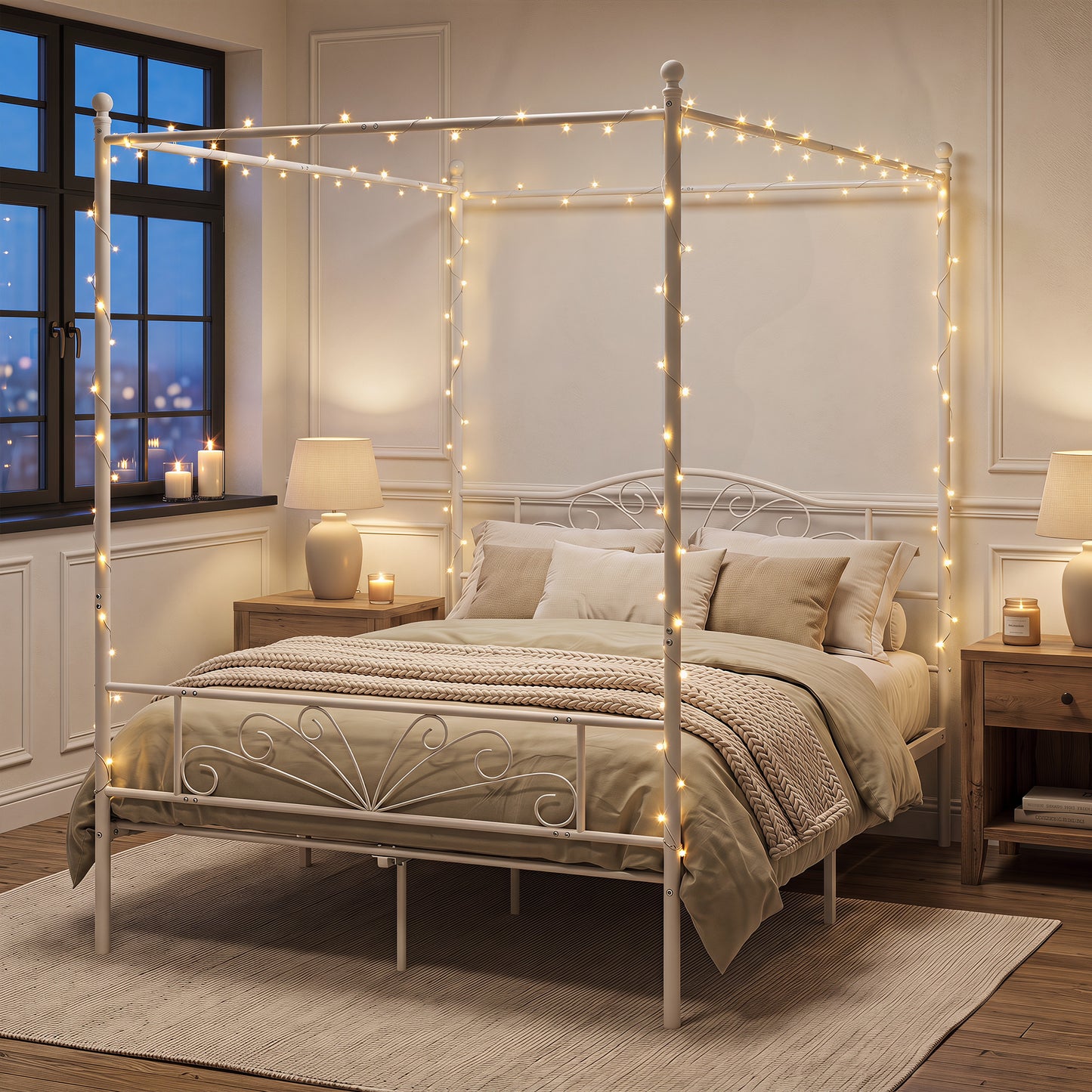Canopy Bed Frame Double Size, Metal Platform Bed Frame, White