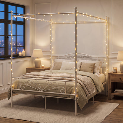 Canopy Bed Frame Double Size, Metal Platform Bed Frame, White