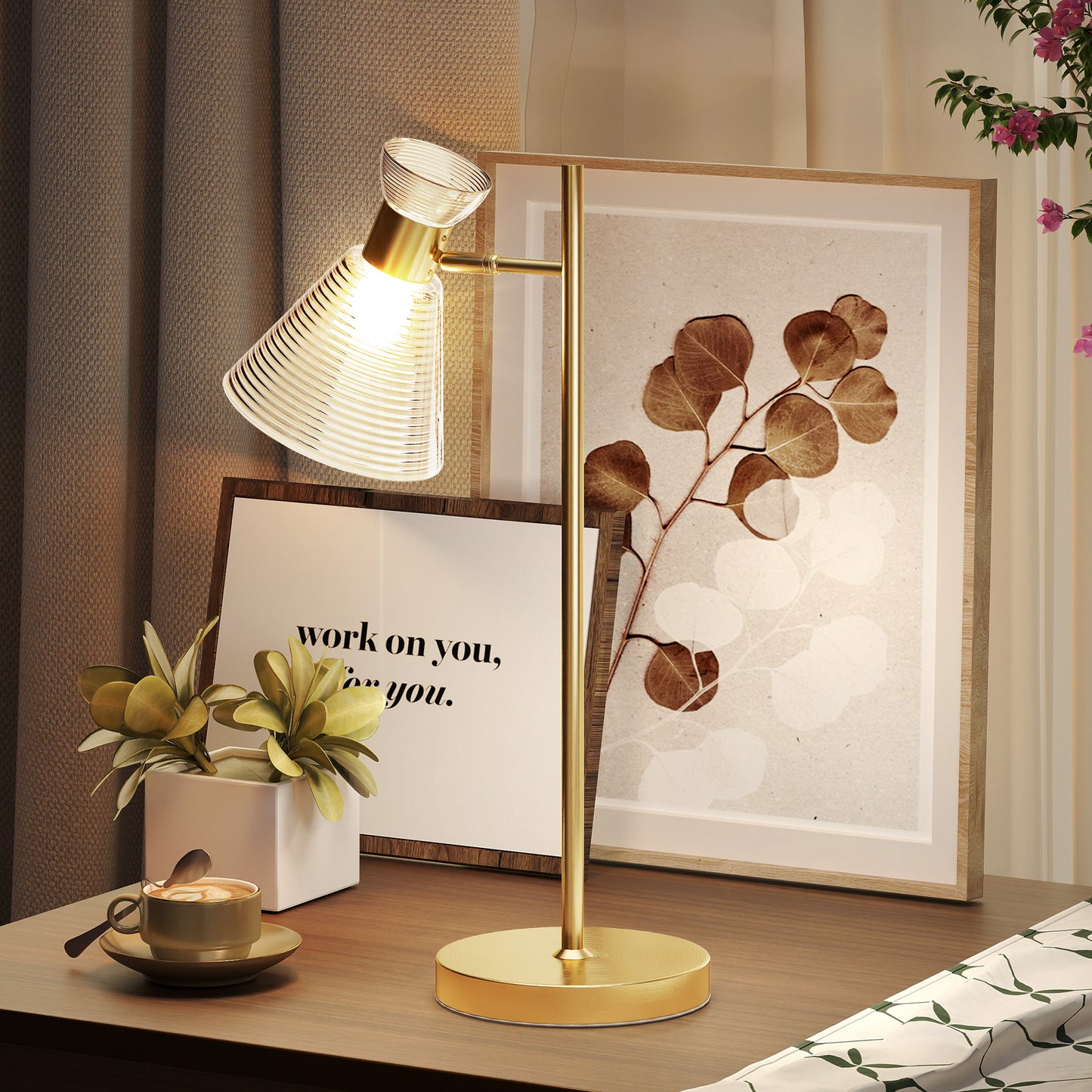 Table Lamp with Adjustable Head, Modern Bedside Lamp, Gold Tone