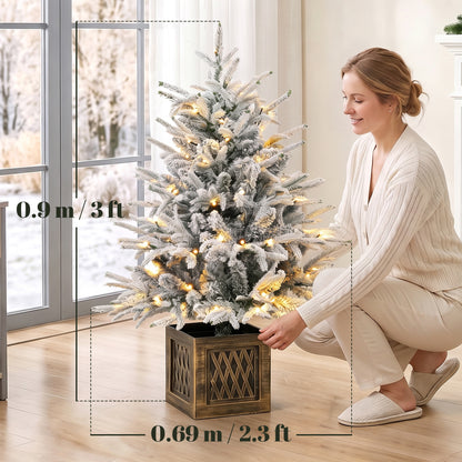 90 cm Prelit Flocked Table Christmas Tree, Base Stand, Green White