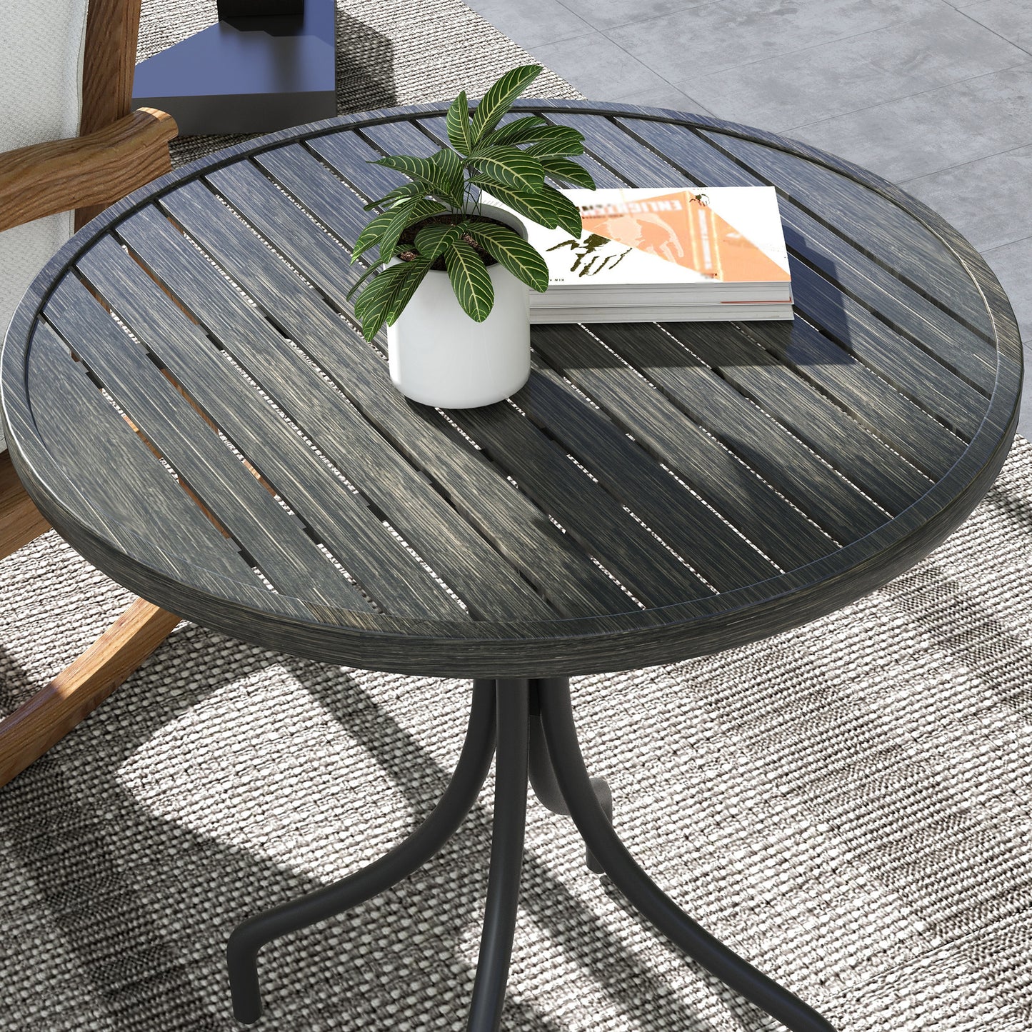Round Garden Table Outdoor Side Table with Steel Frame Grey