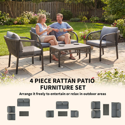 4 Piece Rattan Garden Furniture Set w/ Steel Frame, Cushions, Grey