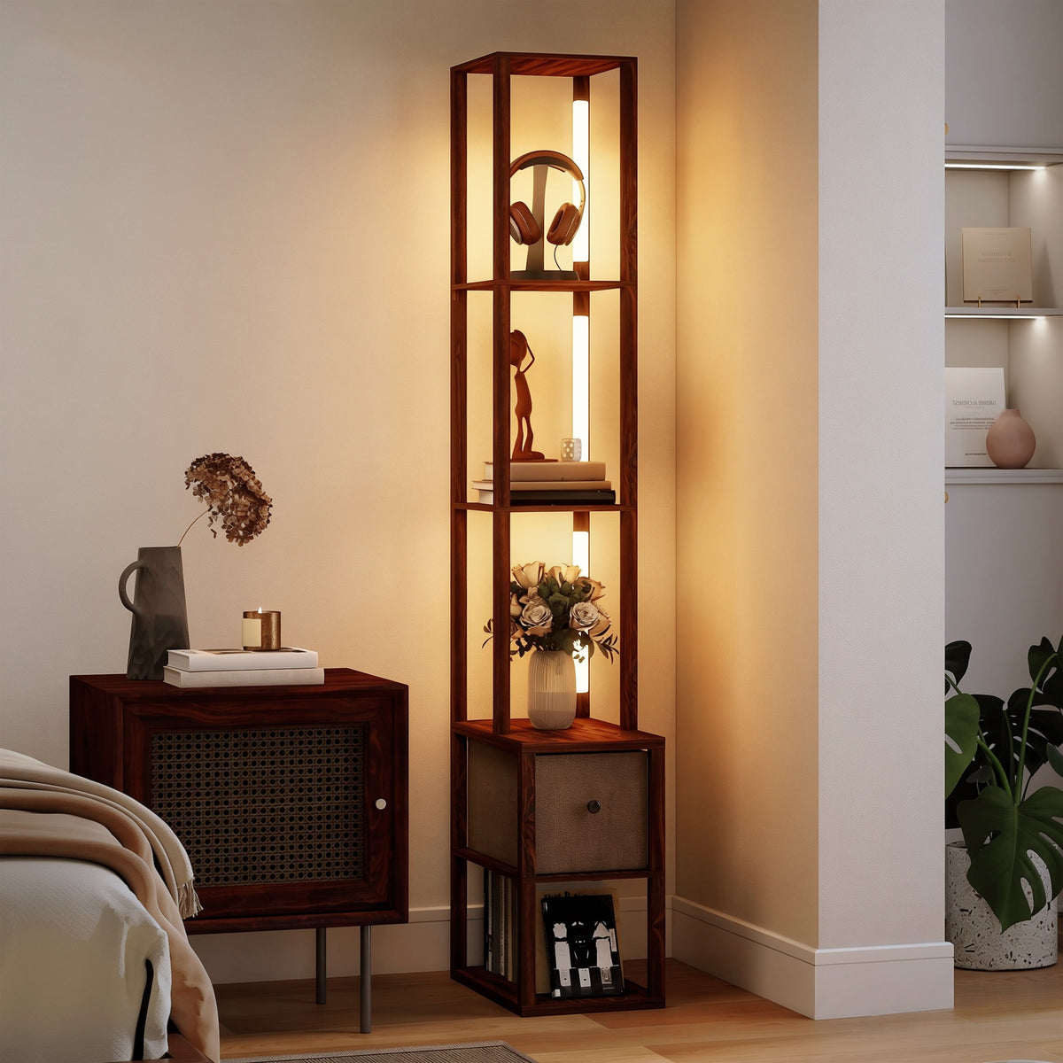 Floor Lamp with Shelves, LED Standing Lamp with Fabric Drawer, Brown