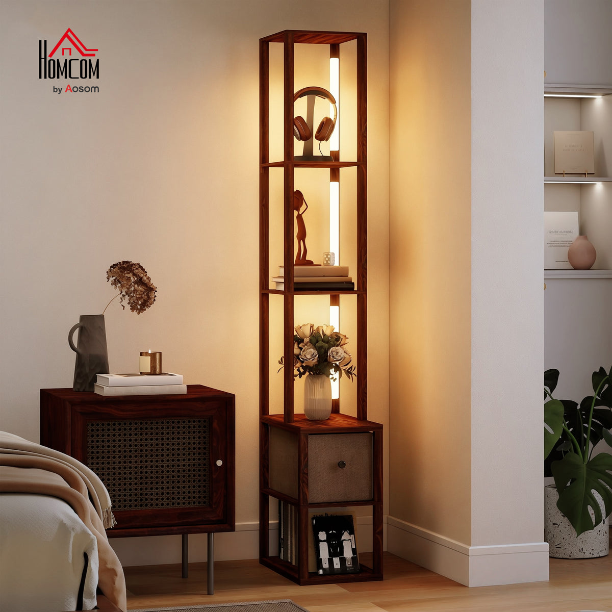 Floor Lamp with Shelves, LED Standing Lamp with Fabric Drawer, Brown