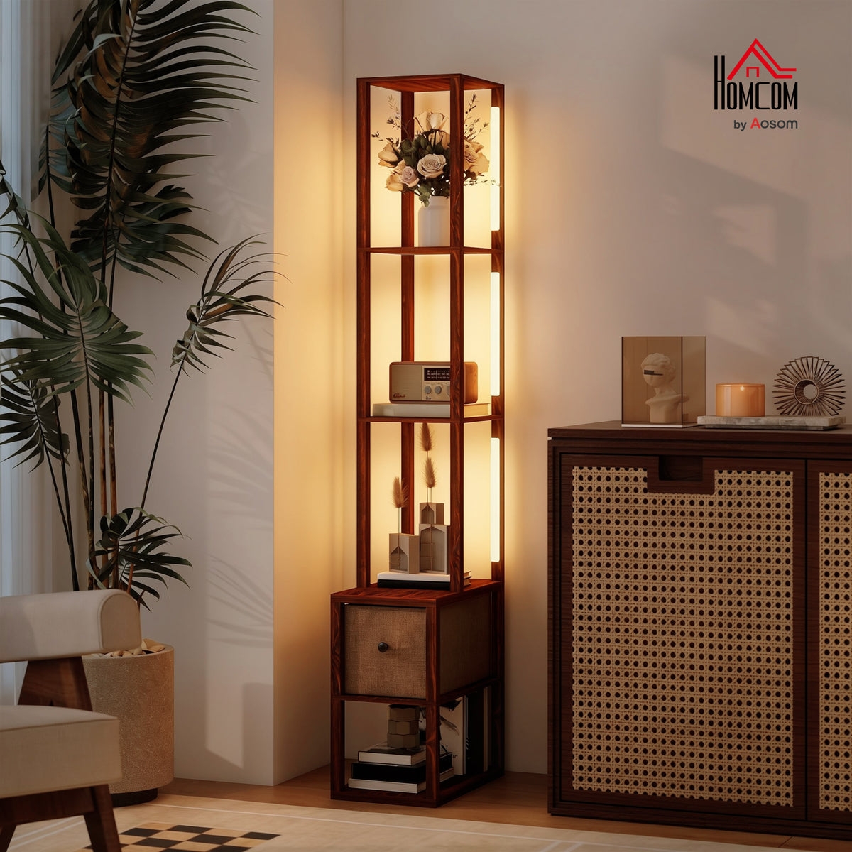 Floor Lamp with Shelves, LED Standing Lamp with Fabric Drawer, Brown