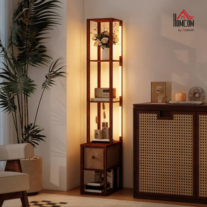 Floor Lamp with Shelves, LED Standing Lamp with Fabric Drawer, Brown