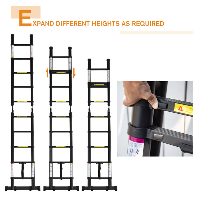 3.2m Extendable Aluminium Ladder, Portable 10 Step Ladder, Black