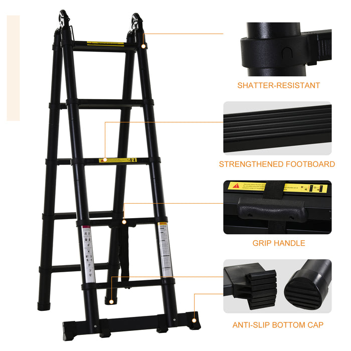 3.2m Extendable Aluminium Ladder, Portable 10 Step Ladder, Black