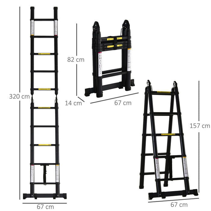 3.2m Extendable Aluminium Ladder, Portable 10 Step Ladder, Black