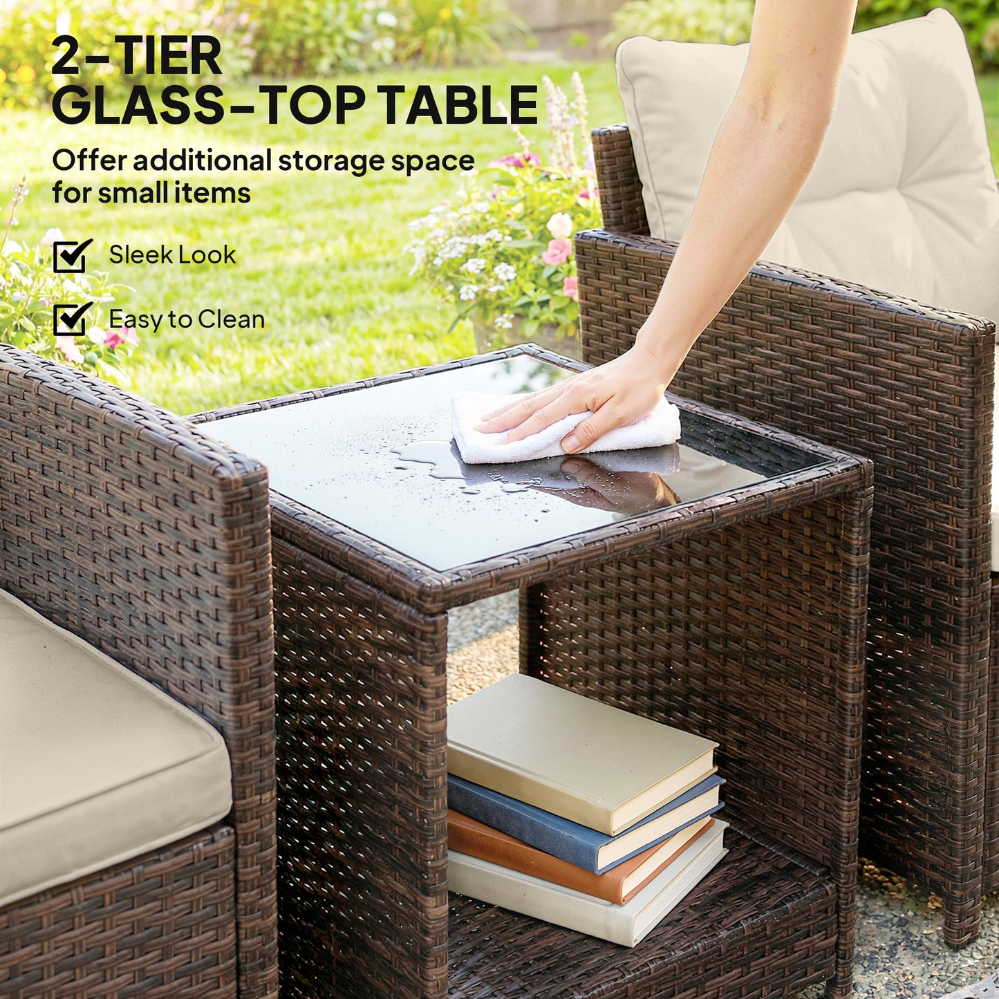 Rattan Garden Furniture Bistro Set with Cushion, Mixed Brown