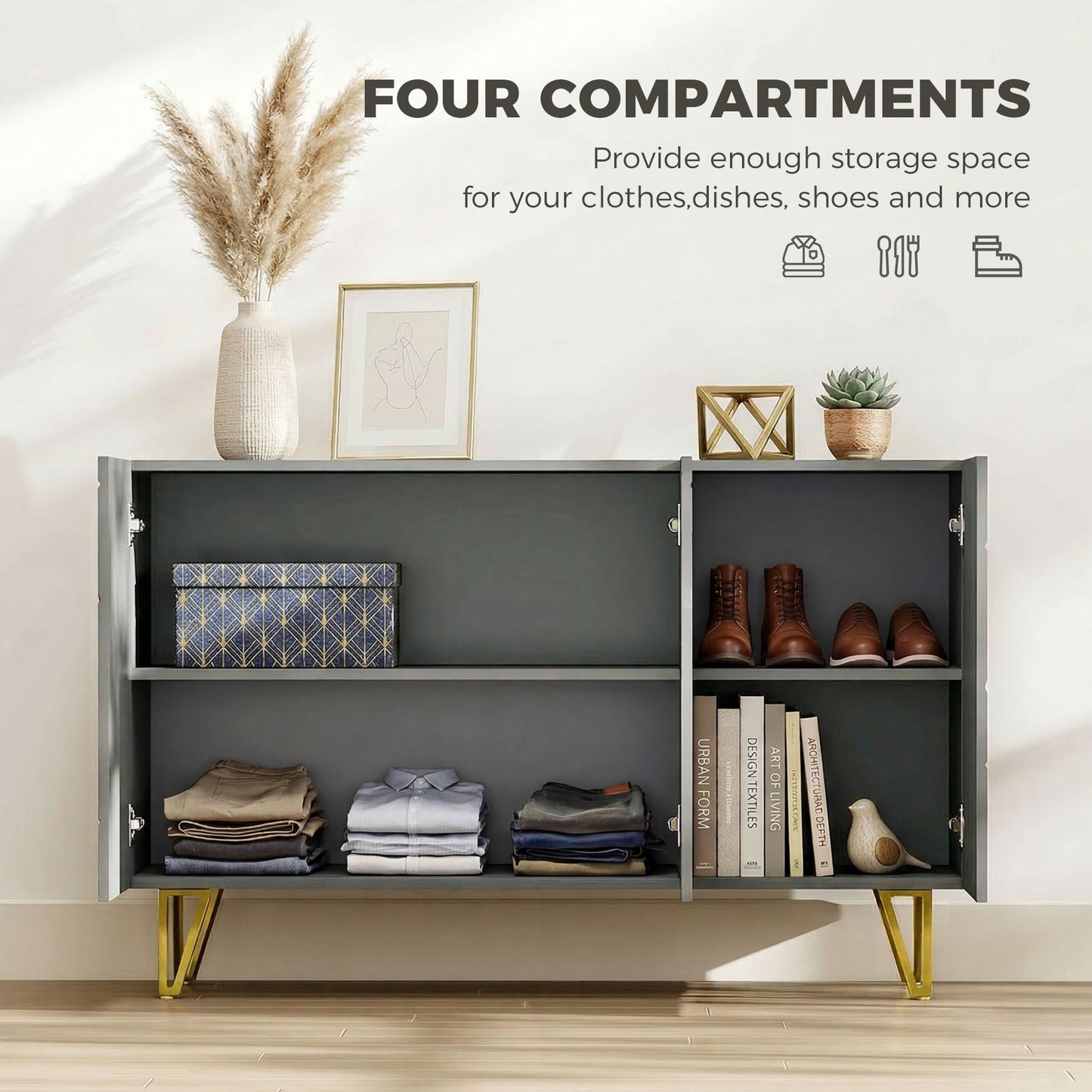 Storage Cabinet, Sideboard with Adjustable Shelves, High Gloss Grey