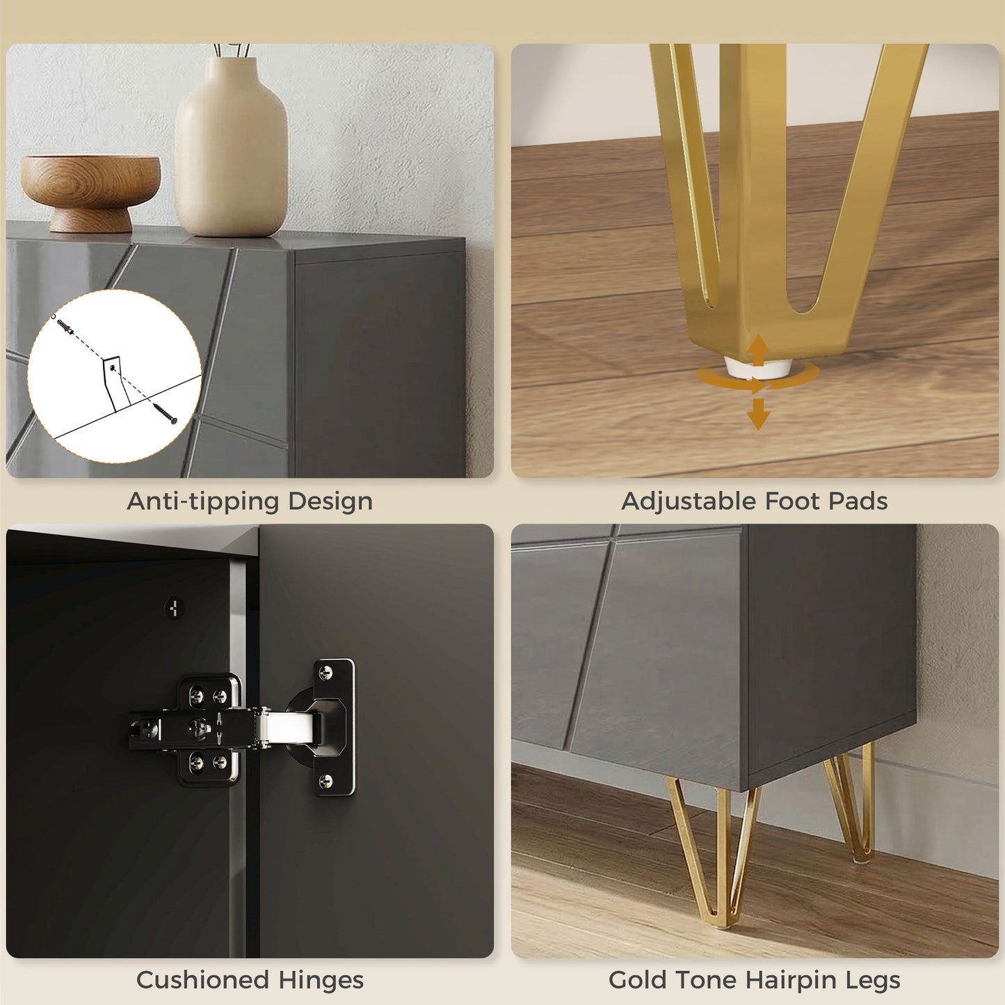 Storage Cabinet, Sideboard with Adjustable Shelves, High Gloss Grey