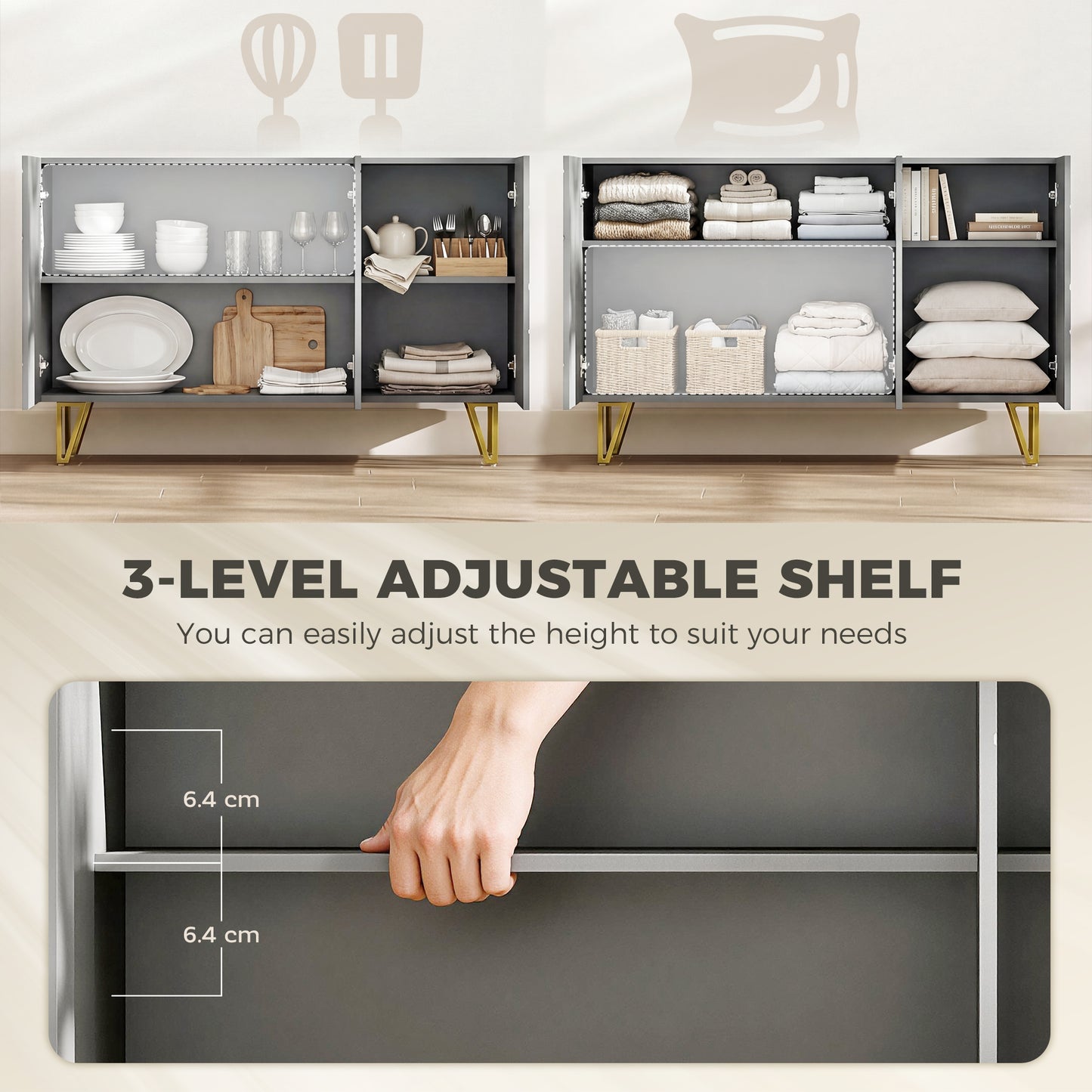 Storage Cabinet, Sideboard with Adjustable Shelves, High Gloss Grey