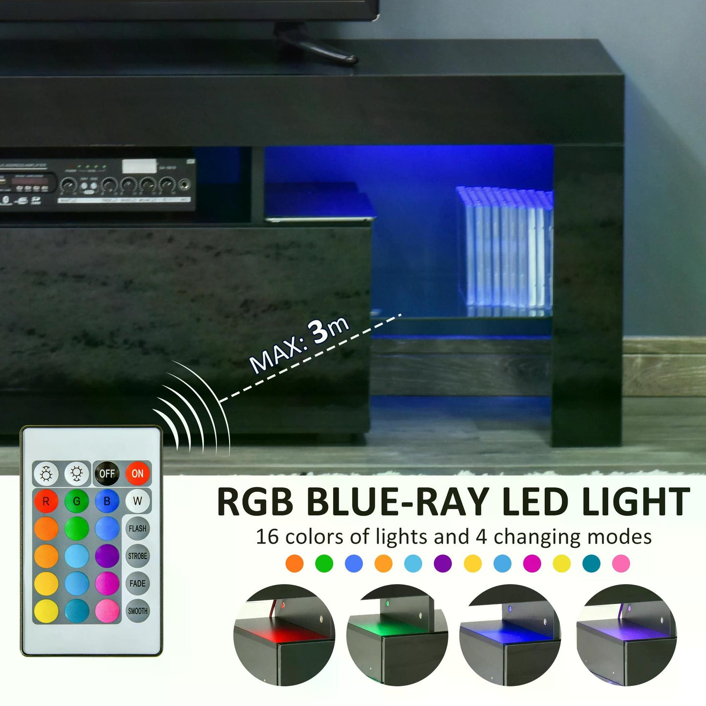 High Gloss TV Stand Cabinet with LED RGB Lights and Remote Control for 43"/50"/55" TV, Media TV Console Table with Storage Drawer and Shelf