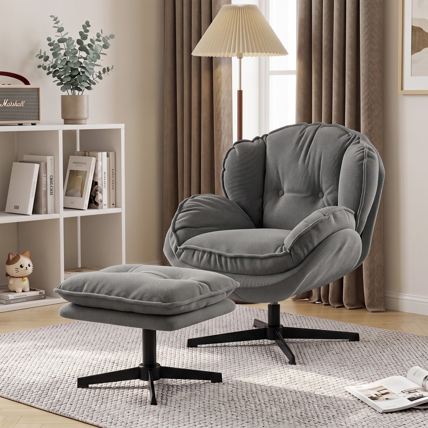 Armchair w/ Footstool, 360-Degree Swivel Accent Chair, Grey